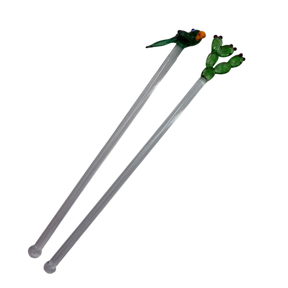 Vintage Cozumel Glass Swizzle Sticks Set of 2 Parrot and Cactus Drink Stirrers